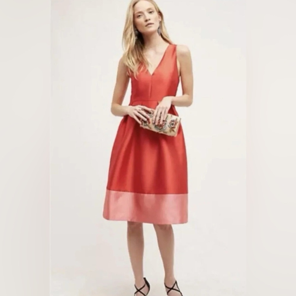 Anthropologie Maeve Satin Roseblock Dress Red Pink Party Holiday Wedding